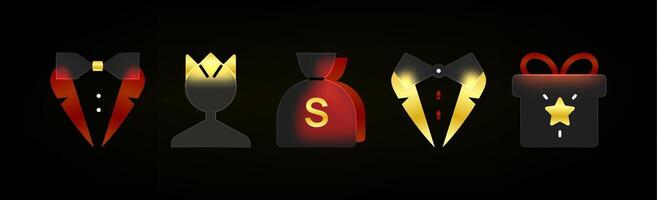 Glassmorphism VIP icons. Rich glassmorphism UI gold and red icons set vector