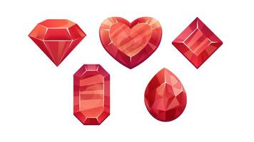 Set of gem ruby in different shapes. Heart shaped ruby, gemstone in red color. UI icons for games vector