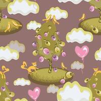 pattern features a playful and warm design with stylized apple trees, heart shaped balloons, cheerful cats, and yellow birds. The background is a subtle taupe gray tone, adding a sense of calm vector