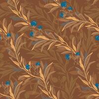 A seamless winding pattern with diagonal trailing branch with golden caramel leaves and vibrant blue berries. Perfect for digital designs, textiles, and nature inspired prints. vector