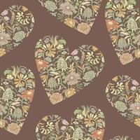 A repeating pattern with heart shaped floral arrangements of daisies, zinnias, and succulents on a neutral mocha mousse background. Ideal for Valentines Day cards, textiles, and digital art. vector