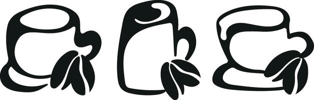 set with black and white logos of various coffee cups of different shapes with coffee beans next to them drawn with an unusual outline vector