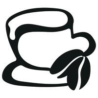 black and white logo of a cup with a saucer with coffee and coffee beans next to it drawn with an original and unusual outline vector