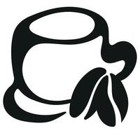 logo of a round cup with coffee and coffee beans next to it are drawn with an original and unusual outline vector