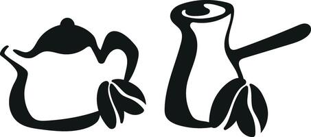 set with black and white logos of various teapots and coffee mugs with coffee beans next to them drawn with an unusual outline vector