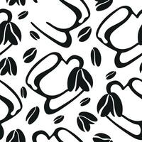 seamless pattern with a print of a cup with a saucer and coffee beans placed randomly, for different packaging, textiles or different designs vector