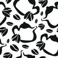 pattern with teapots for brewing drinks and coffee beans placed randomly, for different packaging, textile or design vector