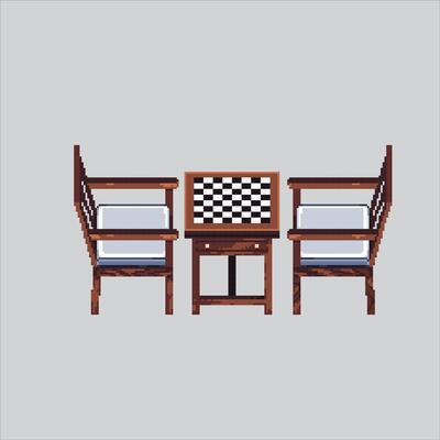 Pixel art illustration Chess Chair Table. Pixelated Chessboard. Chess Chair and Table board Icon pixelated for the pixel art game and icon for website and game. old school retro.