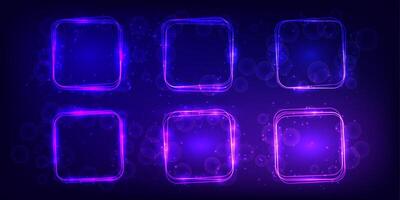 Neon rounded square frame with shining effects and sparkles vector