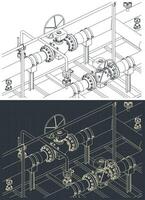 Natural gas metering skid close-up isometric blueprints vector