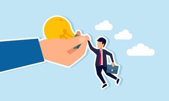 A businessman hanging and holding onto a hand gripping a lamp, illustration of idealism in sticking to ideas and innovations that are no longer relevant vector