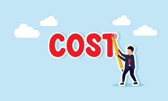 A businessman attempting to erase the word COST using a pencil eraser, illustration of reducing business costs for less urgent needs vector