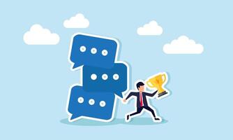 A businessman runs carrying a trophy, avoiding a stack of chat dialogues about to collapse, illustration of securing the leading company title from negative market talk effects vector