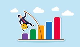 A businessman carrying a happy emoticon, trying to pass through a chart using a long wooden stick, illustration of efforts to increase market attention vector