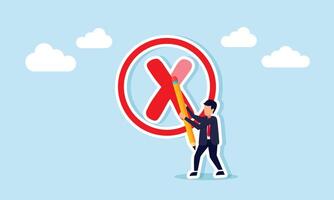 A businessman trying to erase a cross or X mark using a pencil eraser, illustration of progress in reclaiming seized assets vector