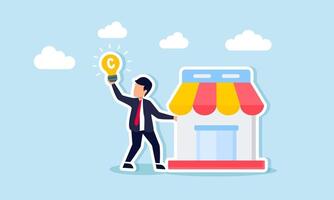 A businessman holding a store with his hand raised, showing a lamp labeled with the letter C, illustration of business idea and innovation legality in building a marketplace vector