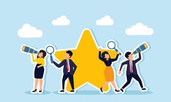 Businesspeople standing next to a star, observing the surroundings with a magnifying glass and telescope, illustration of observing and analyzing strategies to improve business quality vector