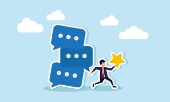 A businessman runs carrying a star, avoiding a stack of chat dialogues about to collapse, illustration of saving business quality from negative market talk effects vector