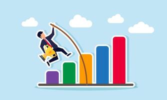 A businessman carrying a trophy, trying to pass through a chart using a long wooden stick, illustration of efforts to become a leading company vector