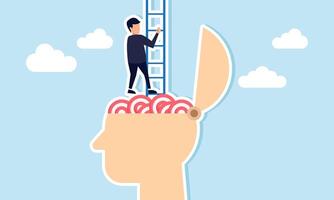 A businessman climbing stairs made of a head filled with target boards, illustration of ignoring and escaping from business targets vector