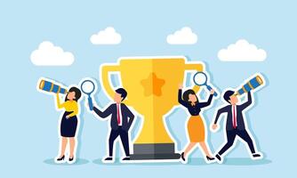 Businesspeople standing next to a trophy, observing the surroundings with a magnifying glass and telescope, illustration of observing and analyzing strategies to become a leading company vector