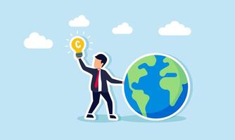 A businessman holding a globe with his hand raised, showing a lamp labeled with the letter C, illustration of business idea and innovation legality in becoming a top global business vector