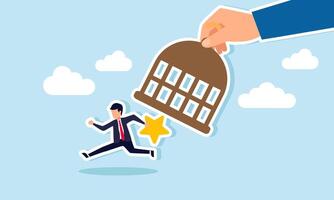 A hand opens a drum trap and frees a businessman carrying a star, illustration of freedom in improving business rating and quality vector