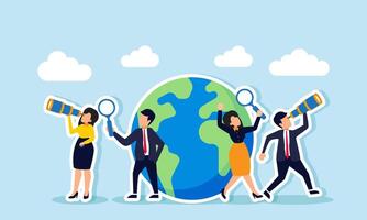 Businesspeople standing next to a globe, observing the surroundings with a magnifying glass and telescope, illustration of observing and analyzing global business trends vector