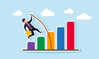 A businessman carrying a star, trying to pass through a chart using a long wooden stick, illustration of efforts to improve business quality vector