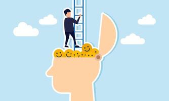 A businessman climbing stairs made of a head filled with happy emoticons, illustration of ignoring and escaping false market attention vector