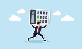 A businessman walking while carrying a calculator, illustration of business calculations related to profit and revenue vector