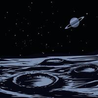 Moon surface illustration with view of saturn and stars vector