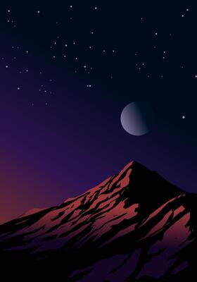 Mountain peak illustration with moon and stars