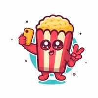 smiling popcorn food character mascot taking a selfie with a smartphone isolated cartoon vector