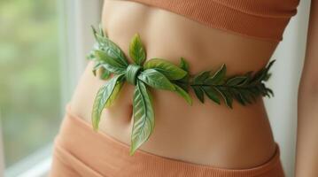 Close-up of a woman's waist with a green leaf belt tied in a bow, symbolizing nature, health, and eco-friendly lifestyle photo