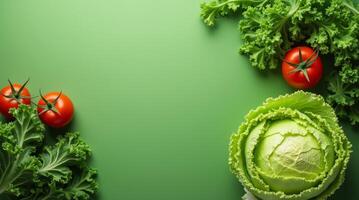 Fresh cabbage, kale, and red tomatoes arranged on a green background. Flat lay composition with copy space for text photo