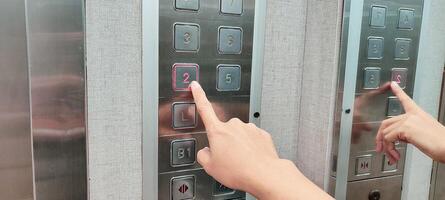 finger presses the number on the elevator button photo