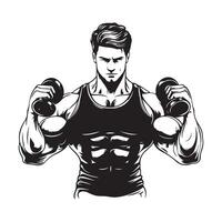Muscular Man in Black Tank Top Lifting Dumbbells image isolated on white background vector
