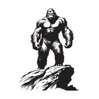 Black and white Gorilla standing on a rock stock image illustration isolated on white background. vector