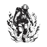 Firefighter Action Image Vectors. Heroic Firefighter Working Courageously in Fire Scene vector