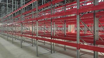 Logistics warehouse concept with empty high pallet racks, shelving system video