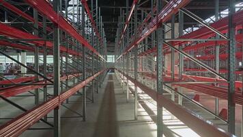 Warehouse with empty high pallet racks, shelving system video