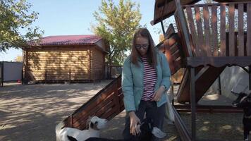A woman interacts playfully with various animals in a bright and sunny outdoor setting, a truly joyful moment video