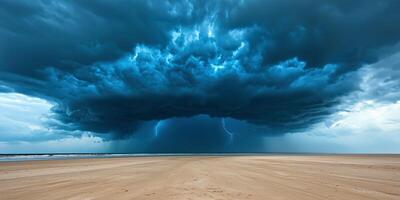 Thunderstorm Over Sandy Beach, Lightning Strikes and Dramatic Sky. photo