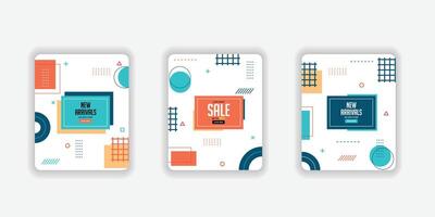 Abstract new arrival composition and sale with flat design collection. Trendy flat geometric banner set. Vivid banners in retro poster design style. Vintage shapes. vector