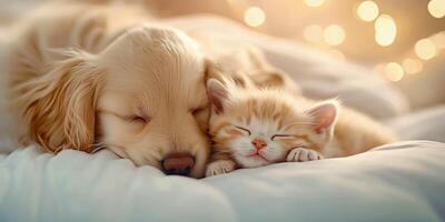 Adorable sleeping puppy and kitten cuddling on a soft white blanket. photo