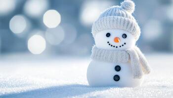 Cheerful Snowman with a Knitted Hat and Scarf on a Winter Day.Cute Snowman Smiling in the Snow with a Cozy Outfit. photo