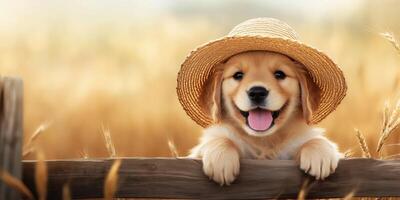 Adorable golden puppy wearing a straw hat leaning on a wooden fence in a sunny field. photo