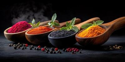 Vibrant selection of colorful spices in wooden spoons on a dark background. photo