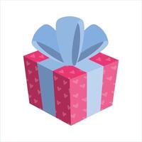 illustration of a pink gift box with a blue bow and a pattern of hearts on a white background. vector